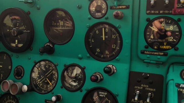 Close-up view of the An-2 aircraft dashboard with analog aviation instruments. The cockpit, navigation and control of the aircraft.
