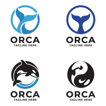 Orca whale tail logos and labels with text on white background icon