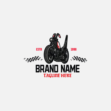 Vintage Chopper Motorcycle Logo with Racing Checkered Flags Retro Monochrome Emblem Vector