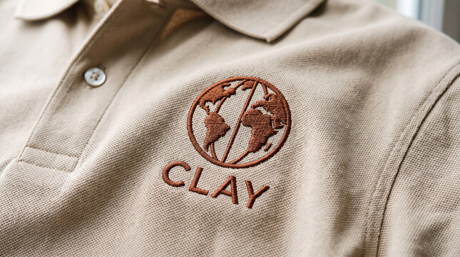 Close up of beige polo shirt with embroidered globe map icon and Clay text logo on chest apparel mockup design
