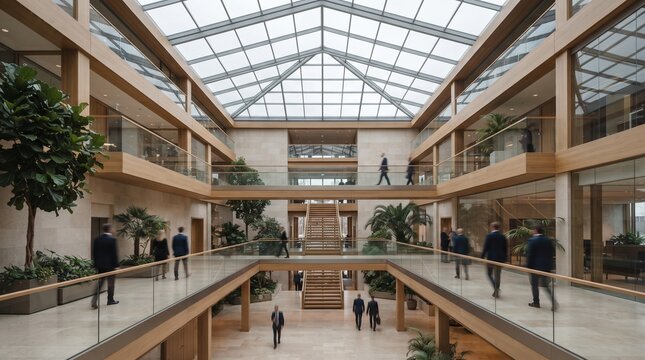 Diverse business professionals walking through modern airy atrium of corporate office building with glass ceiling and wooden architectural details