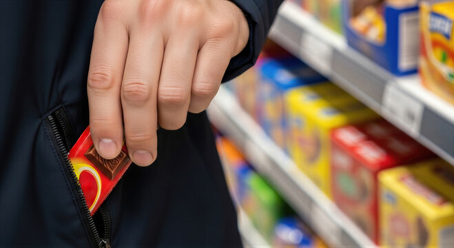 Shoplifter hiding chocolate bar in jacket pocket inside store. Criminal act of stealing goods from shelf in supermarket. Illegal behavior, theft prevention and security concept.