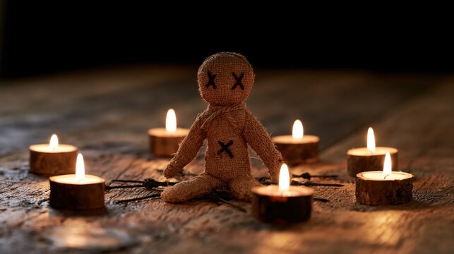Spooky voodoo doll with black eyes sitting among burning candles on rustic wood surface