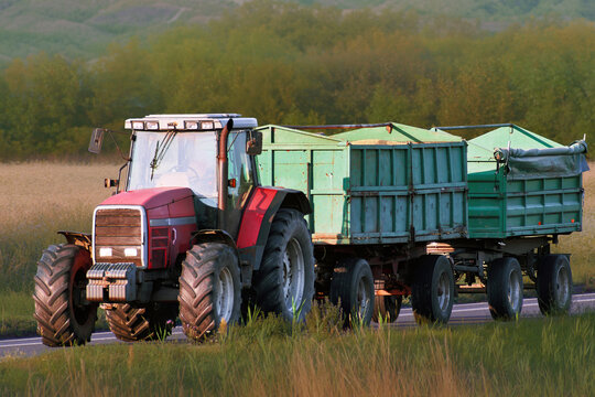 Agricultural machinery traveling on country road through farmland
