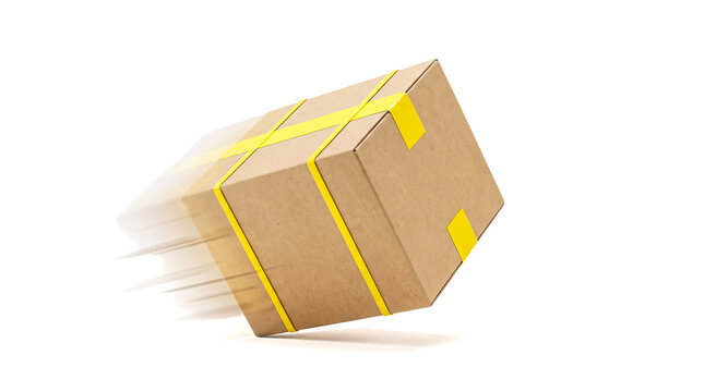 Brown cardboard shipping box secured with yellow strapping tape flying rapidly through air leaving blurred trails against plain white isolated background