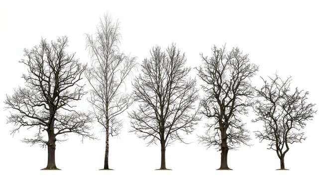 Set of five different bare trees with no leaves isolated on a white background for landscape design and environment