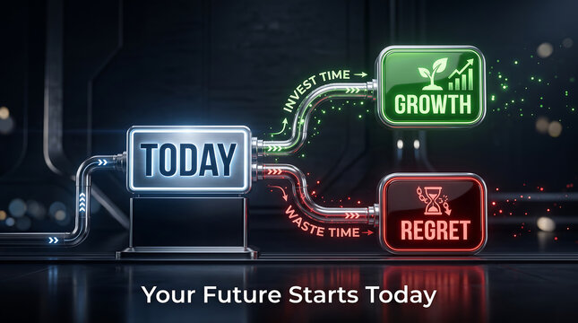 Inspirational pathway graphic illustrating the choices between investing time in growth or wasting time leading to regret in life decisions