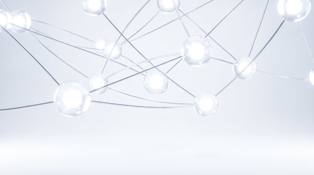 Glowing glass spheres connected by thin metal wires forming complex abstract network structure over clean white background representing futuristic communication data nodes