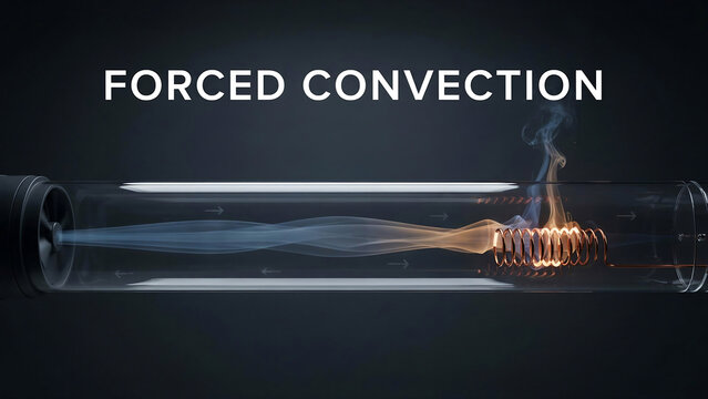 Conceptual representation of forced convection showcasing fluid dynamics and heat transfer in a transparent cylindrical tube design with swirling smoke