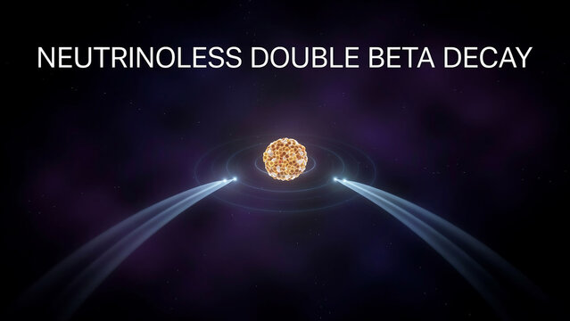 Conceptual depiction of neutrinoless double beta decay featuring particles in motion against a cosmic background illustrating fundamental physics phenomena