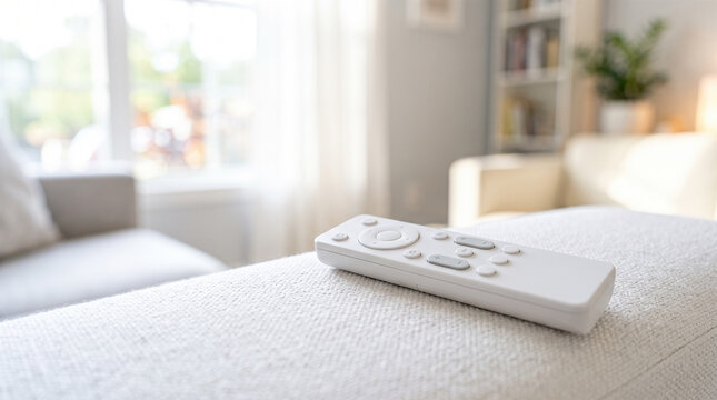 Modern white minimalist television remote control resting flat upon textured grey fabric couch armrest inside bright contemporary suburban living room space