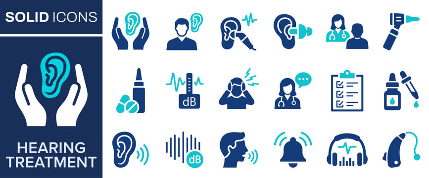 Hearing treatment solid icons set. Representing hearing care, audiology, diagnostics, hearing aids, ear protection and rehabilitation symbol.