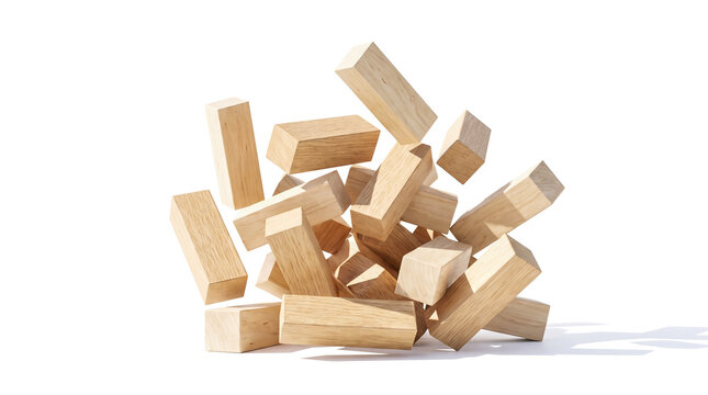 Multiple blank rectangular wooden block pieces falling rapidly down crashing together into messy chaotic pile isolated against solid plain pure white background