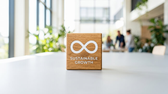 Wood block showing lit infinity sign over sustainable growth text placed upon conference table featuring blurred business team gathering inside bright modern corporate office