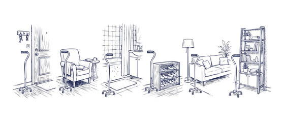 Obraz premium Quad cane mobility aid safety illustration showing walking stick placed in different home rooms like living room, bathroom, and entryway for elderly fall prevention and senior independent living.