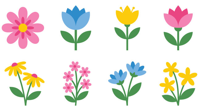 Set of colorful stylized flower vectors featuring various blooms, petals, and green leaves for floral design
