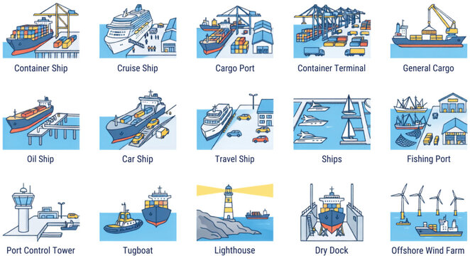 Harbor operations and marine transport collection featuring cargo vessels cruise ships ports docks and offshore facilities vector illustration