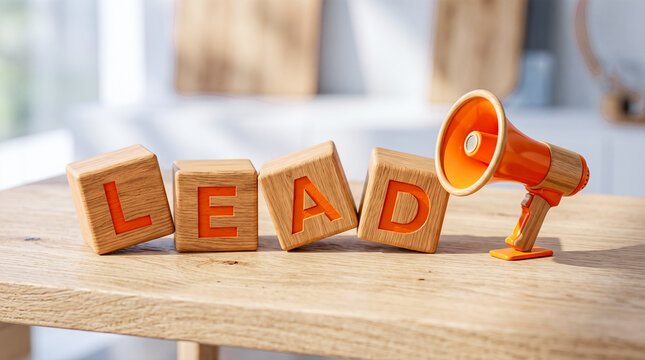Timber blocks spelling lead word falling backward struck by bright orange plastic megaphone standing across clean isolated grey studio floor background