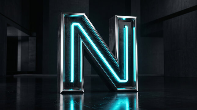 glowing neon signGeometric Metallic Letter R on Black Background