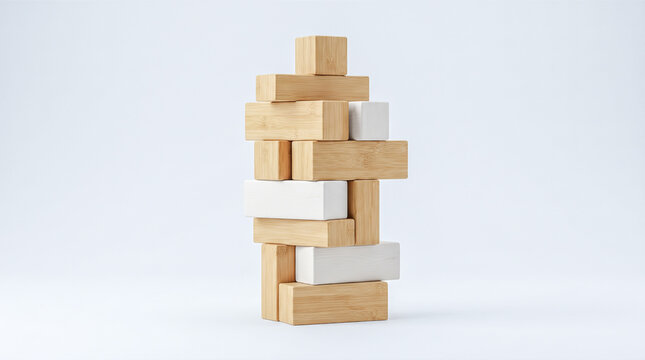 Blank wooden building blocks stacked vertically forming irregular tower standing isolated against plain white background representing physical balance structural foundation construction geometry