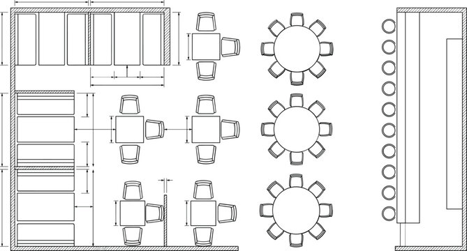 Dining area floor plan layout with cafe tables booths and circular seating for restaurant design