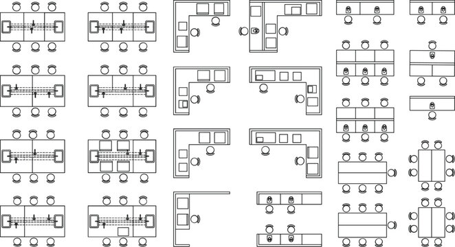 Selection of office workstation desk layouts and modular furniture configurations in top view floor plan style