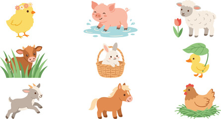Naklejka premium Cute Farm Animal Vector Icon Set Featuring Baby Chick Pig Cow Rabbit Sheep Duck Goat Horse and Chicken Characters for Kids and Children Designs