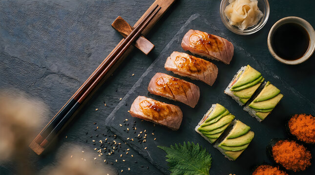 Torched nigiri and avocado rolls with gunkan sushi arranged on dark slate board