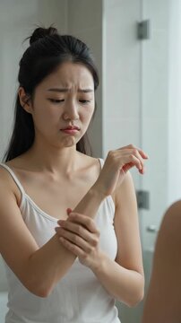 Worried Young Korean Woman Checking Arm in Mirror for Darker Skin Tone or Hyperpigmentation. Vertical video
