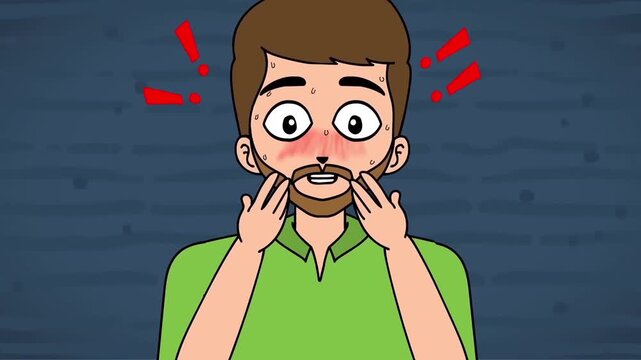 2D animation of a shocked man touching his face with red cheeks fever panic surprise or allergic reaction