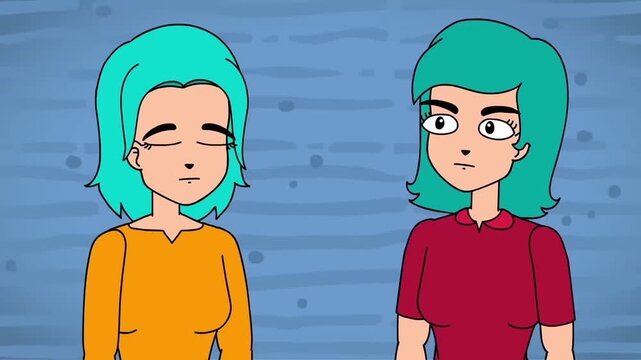 2D animated twin sisters or lookalike young women with green hair standing and talking blue background concept