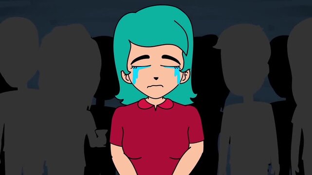2D animation of a sad girl crying with tears in a dark crowd of shadowed silhouettes depression loneliness concept