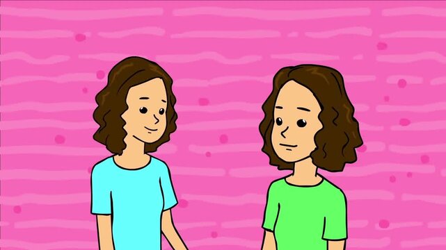 2D animated young curly-haired twin girls or friends standing and talking against a pink background concept