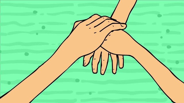 2D animation close up of diverse hands joining and stacking together teamwork unity agreement support concept