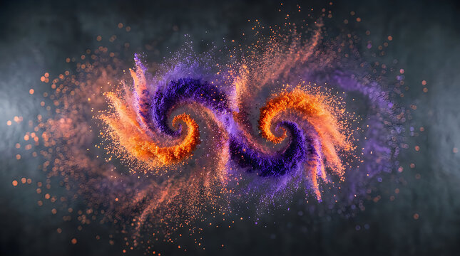 Orange and purple powder explosion forming twin spiral vortex on dark background