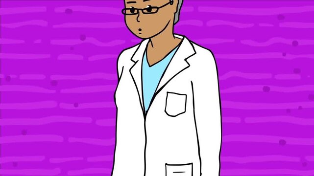 2D animated senior African American female doctor or nurse standing in medical uniform purple background