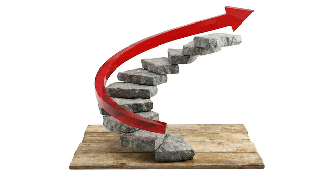 Staircase made of stone blocks with a red arrow pointing upwards isolated on transparent background