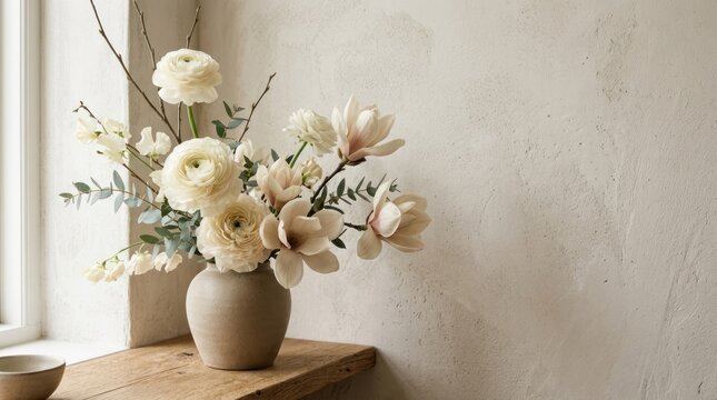 A white vase with a bouquet of white flowers and greenery on a wooden shelf against a light-colored wall.