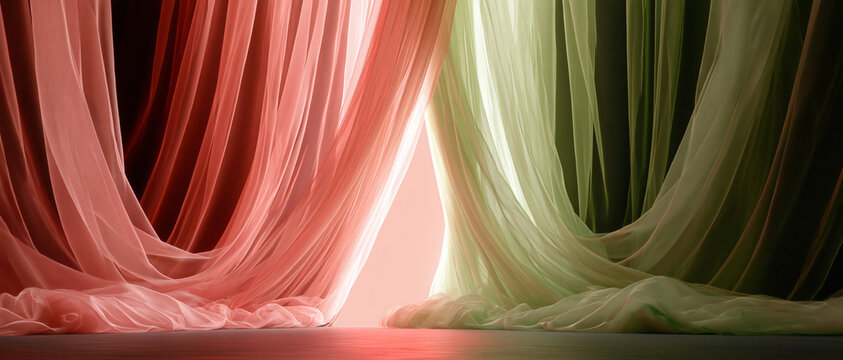  Fundo panor&acirc;mico elegante de palco com cortinas transl&uacute;cidas fluidas em tons de rosa e verde, iluminado suavemente por tr&aacute;s