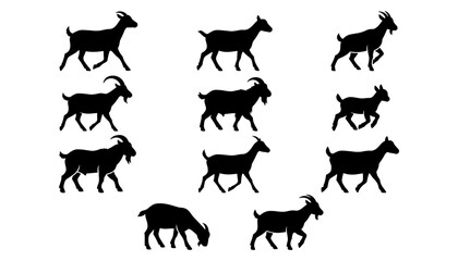 Obraz premium Goat Silhouettes Icon Set in Black Vector Style for Farm, Agriculture, and Animal Theme Design Featuring Silhouette, Livestock