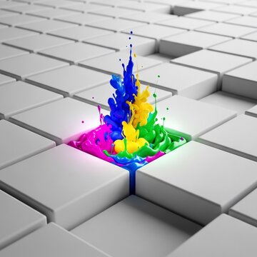 Vibrant liquid explosion erupts from a minimalist grid.