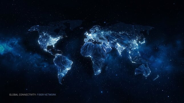 Digital world map showing global fiber network connectivity in dark starry space