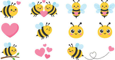 Fototapeta premium Cute Honey Bee and Valentine Love Vector Clipart Set Featuring Happy Bumblebees Holding Hearts, Flying Flight Paths, and Romantic Spring Elements for Kids Designs