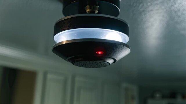 Closeup of a connected smoke detector initiating a service call with device details sharp and the ceiling and room deemphasized in blur.