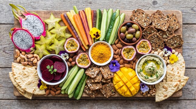 Vibrant vegan grazing board with exotic fruits vegetables nuts and hummus on wood