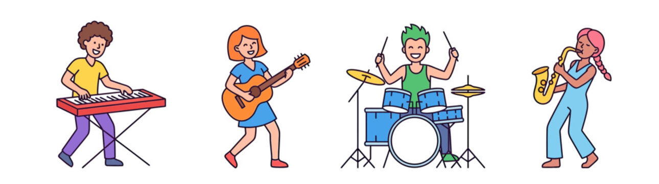 Diverse cartoon musicians playing instruments, isolated on white