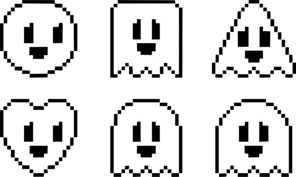 Ghost pixel art icon set featuring 8-bit retro gaming ghosts, cute monsters, and geometric shapes with smiling faces.