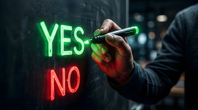 Hand using green laser pointer to select yes on neon sign