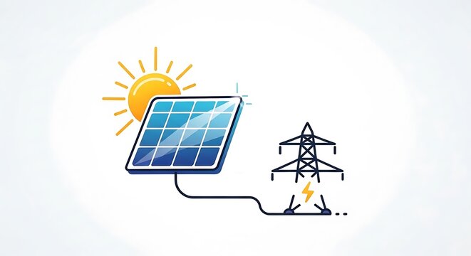 Solar Panel And Power Lines Vector Illustration With Sunlight