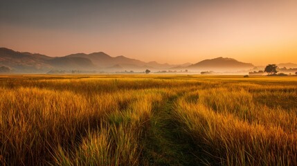 Fototapeta premium 68.Wide view of mature paddy fields stretching toward sunset, golden color dominating scene, subtle mist and soft highlights on grain heads, rustic countryside mood during harvest time